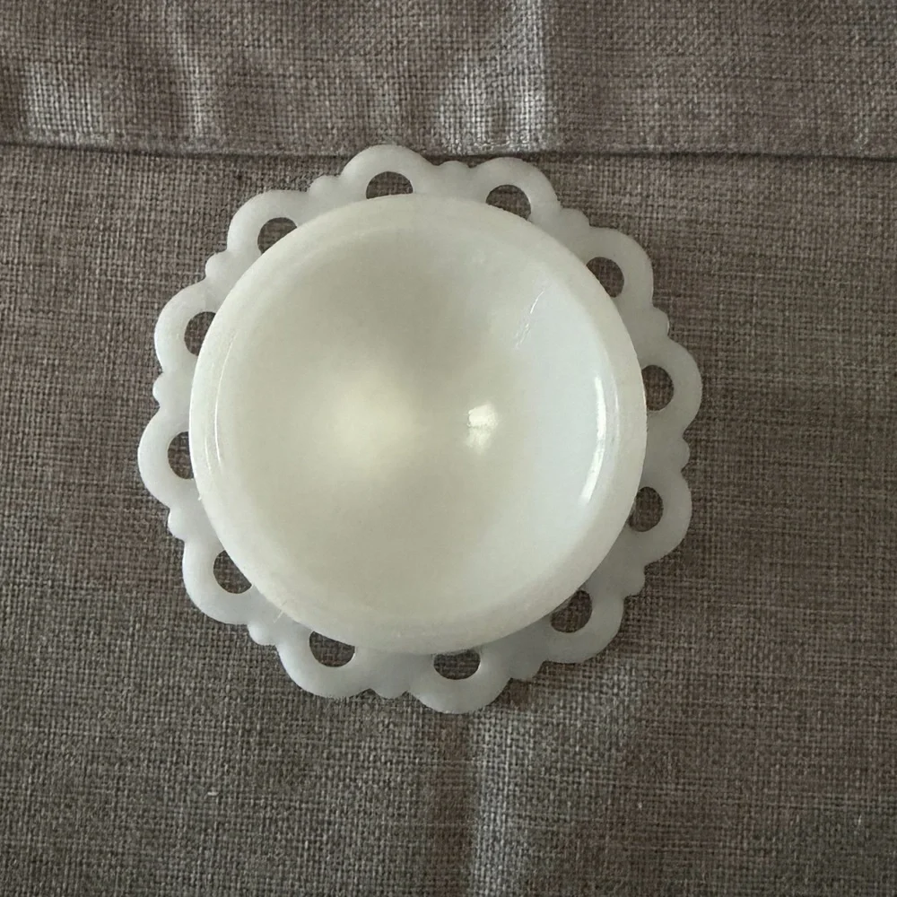 Vintage Anchor Hocking Lace Edge Milk Glass Pedestal Bowl | Candy Trinket Bowl